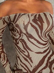 SHEIN SXY Summer;Zebra Striped Tie Backless Off Shoulder Bodycon Dress - Brown - View 6