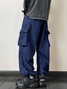 ROMWE MEN Street Life Men Loose Fit Parachute Cargo Pants, School - Navy Blue - View 2