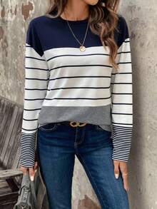 SHEIN LUNE 女用條紋落肩拼布 T 卹 - 彩色 - 查看 5