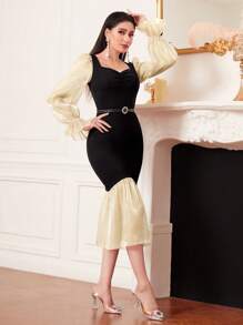 Modelyn Colorblock Flare Sleeve Mermaid Hem Dress Without Belt