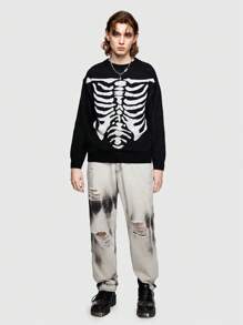 ROMWE MEN ROMWE Avant Guys Skeleton Pattern Sweater - Black - View 2