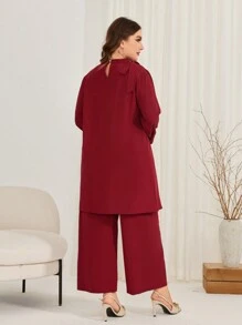 Mulvari 大尺碼女士立領蝴蝶結長袖上衣和寬腿裝休閒套裝 - 粉色 - 查看 2