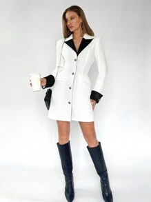 BizChic Color Blocking Notched Collar Blazer Dress - White - View 1