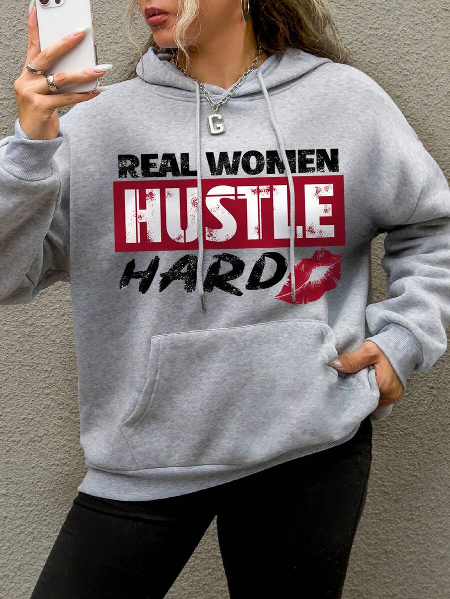 SHEIN EZwear Women's Plus Size Letter Print Drawstring Hooded Sweatshirt - Light Grey - View 1