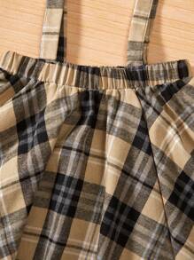 女大童1入組格紋印花腰帶外套馬甲&1入組套頭毛衣 - 卡其色 - 查看 5