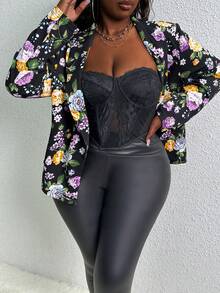 Slaydiva Plus Floral Print Open Front Blazer - Black - View 5