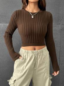 SHEIN EZwear Slim Fit Ribbed Sweater - Olive Green - View 1