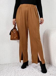 SHEIN LUNE Pantalones Con Dobladillo Dividido De Color Liso De Talla Grande - Marrón Mocha - Ver 3