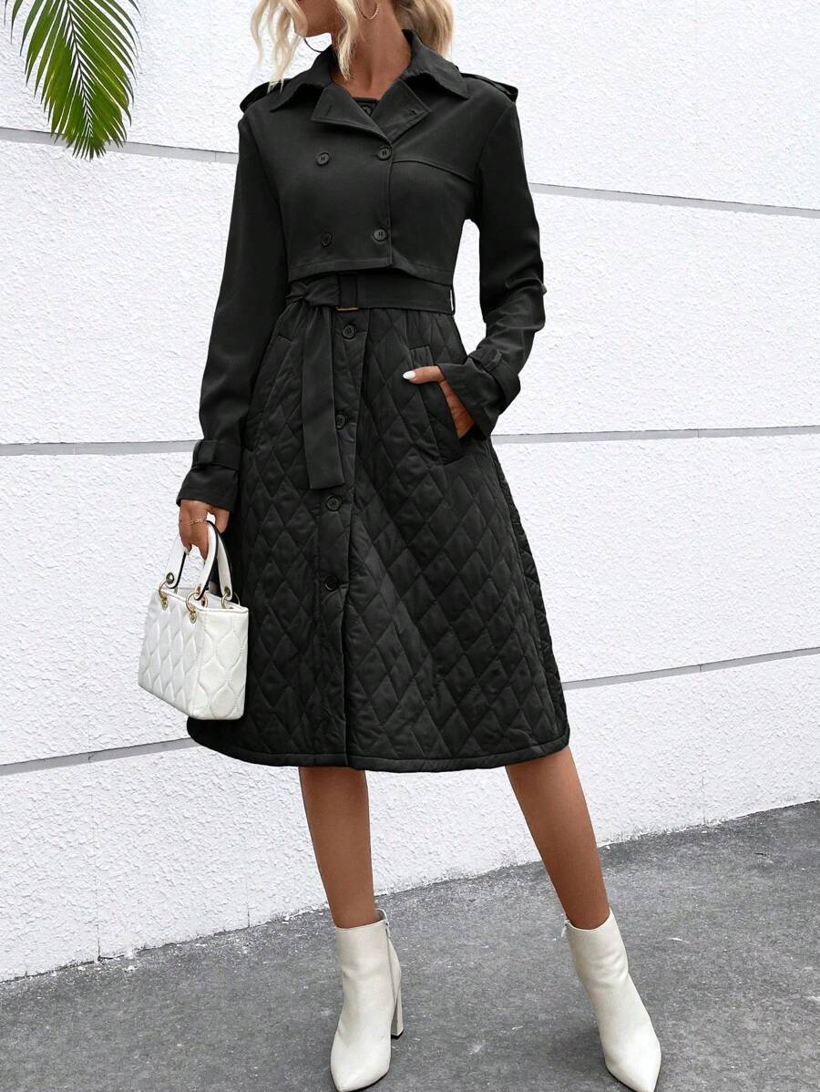 SHEIN Essnce 1pc Double Breasted Crop Trench Coat - Black - View 1