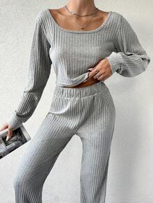 EURMUSE Solid Color Ribbed Pit T-shirt And Straight-leg Pants Two-piece Set - Grey - View 3