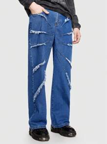 ROMWE MEN Street Life Men Straight Leg Denim Jeans With Frayed Hem - Blue - View 1