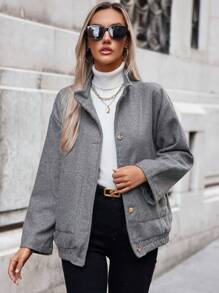 EURMUSE Drop Shoulder Button Front Overcoat - Grey - View 1
