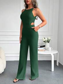 EURMUSE Solid Color Halter Neck Hollow Out Detail Jumpsuit - Green - View 3