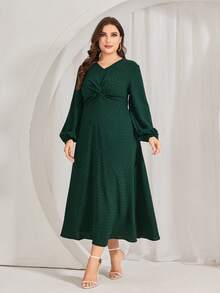 Mulvari Kích thước lớn Tay áo lồng đèn Xoắn Nút Đầm - xanh quân đội - Xem 5