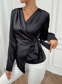 Firerie Solid Knot Side Wrap Blouse,Long Sleeve Tops,Graduation,Teacher Outfits For Women,Back To School - Black - View 5