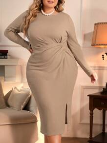 SHEIN Clasi Plus Twist Front Split Thigh Dress Long Sleeve Midi Dresselegant Dress Long Sleeveplus Size Bodycon Dressshein Curve Dress - Khaki - View 3