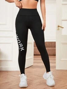 Yoga Trendy Phản chiếu Đồ họa Chữ cái Thắt lưng băng rộng Quần Xà cạp thể thao Xà cạp tập luyện - màu đen - Xem 6