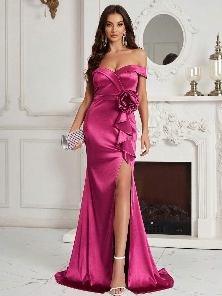 Off Shoulder Ruffle Trim Split Thigh Formal Dress