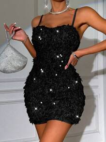 Zolique Glitter Fringe Bodycon Cami Dress - Black - View 5