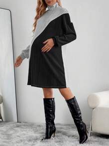 SHEIN Thai sản Khối màu Áo cao cổ Sọc Đầm - Nhiều màu - Xem 3