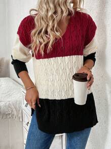 SHEIN LUNE Color Block V-Neck Drop Shoulder Cable Knit Pullover Fall Winter Sweater - Black - View 3