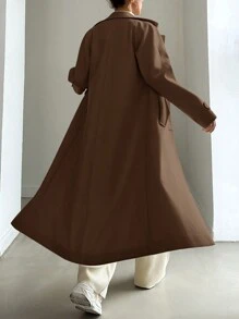 EURMUSE Ladies' Solid Color Double Breasted Woolen Coat With Lapel Collar - Brown - View 2