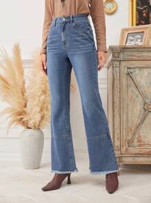 SHEIN LUNE High Waist Raw Hem Flare Leg Jeans