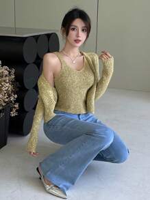 DAZY Atasan Rajut Cardigan & Cami Lengan Panjang Polos - Hijau - View 7