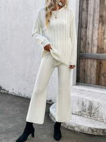 SHEIN LUNE Thả vai Áo len & Quần dệt kim - Màu be - Xem 1