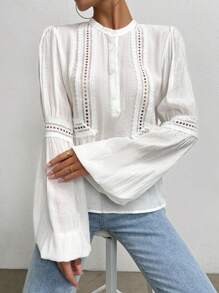 SHEIN Essnce Guipure Lace Insert Lantern Sleeve Blouse - White - View 3