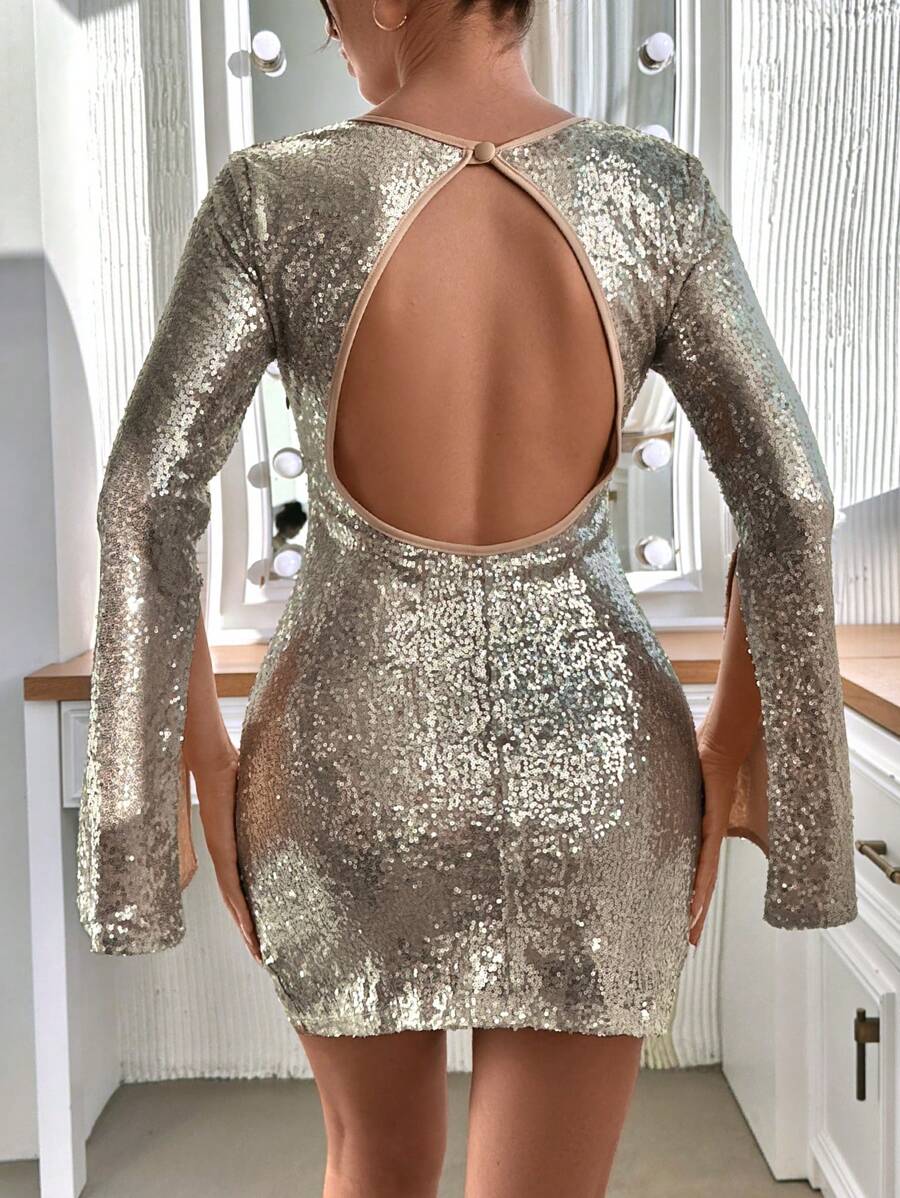 EURMUSE Split Sleeve Backless Sequin Bodycon Dress - Silver - View 1