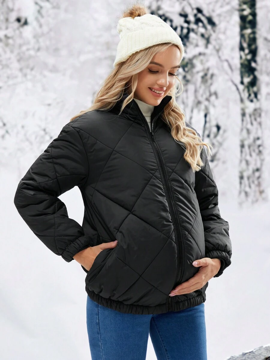 SHEIN Áo khoác chần bông đường may cho bà bầu, dành cho mùa đông - màu đen - Xem 1