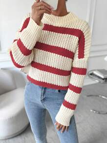 Flirla Striped Pattern Drop Shoulder Sweater Knit Pullover Fall Winter Outfit