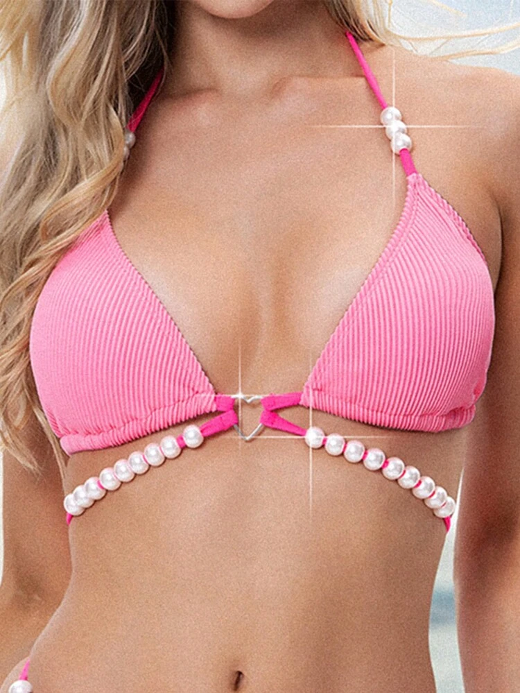 Summer Ribbed Knit Bikini Set With Pearl Details