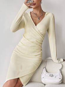 SHEIN Privé Solid Wrap Ruched Side Tulip Hem Bodycon Dress - Apricot - View 3