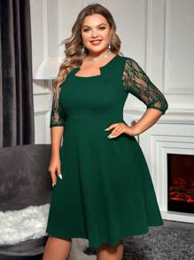 SHEIN Clasi Plus Contrast Lace Notched Neckline Dress - Dark Green - View 4