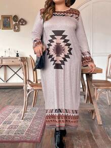 EMERY ROSE Plus Size Geometric Print Long Sleeve Tee Dress - Pink - View 4