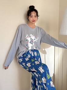 DAZY Floral Print Drop Shoulder Tee & Pants Lounge Set - Grey - View 3