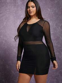 SHEIN Unity Plus Contrast Mesh Bodycon Dress - Black - View 1