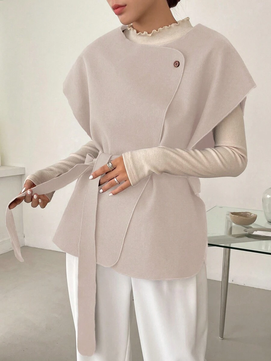 DAZY Chất rắn Chi tiết Nút Thắt lưng Áo khoác - Màu be - Xem 1