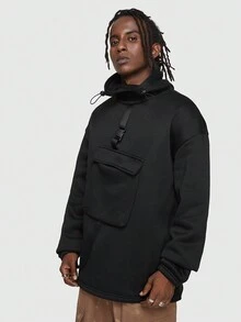 ROMWE MEN Street Life 男士落肩卫衣，带工装口袋 - 黑色 - 查看 5