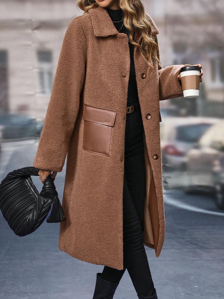 Flap Pocket Drop Shoulder Teddy Coat