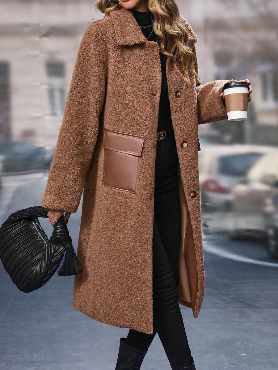SHEIN Unity Flap Pocket Drop Shoulder Teddy Coat - Mocha Brown - View 1