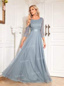 XUIBOL Contrast Lace Mesh Trim Bridesmaid Dress - Dusty Blue - View 8