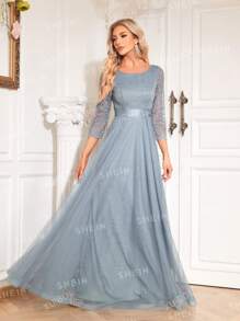 XUIBOL Contrast Lace Mesh Trim Bridesmaid Dress