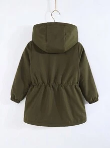 SHEIN 年輕女孩抽繩腰貼身披衣,內裏有毛絨絨的連帽外套 - 軍綠色 - 查看 2
