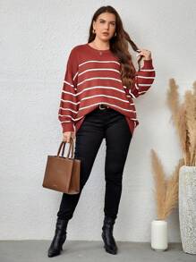 EMERY ROSE Plus Striped Pattern Drop Shoulder Sweater - Red - View 5