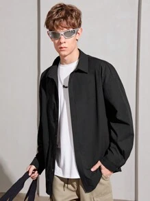 SHEIN Thiếu niên con trai Chất rắn Nút phía trước Áo sơ mi - màu đen - Xem 1