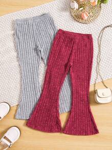 SHEIN 2 Piezas/set Pequeños Pantalones Acampanados Para Niñas Con Rayas - Burdeos - Ver 1