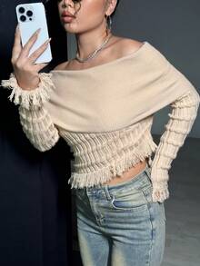 SHEIN Unity Áo len tua rua trễ vai viền bất đối xứng cho nữ - Màu be - Xem 4